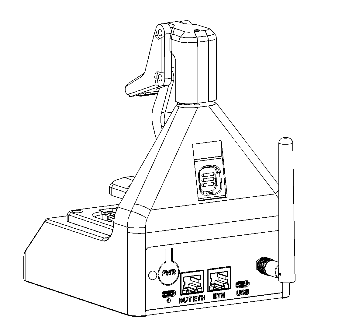 Drawing of the CM5 Flash Jig rear panel with the PWR button above the USB-C power input